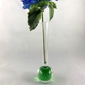 Vintage Handblown Vase, Slender, Bubbles, Green & Clear, Bullicante, Bud or Stem